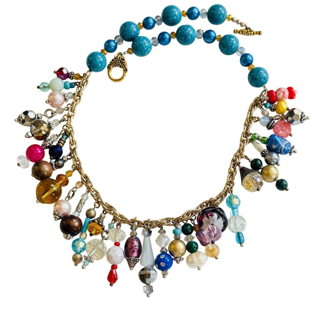 Vtg Art Glass Necklace Beaded Charm dangle Flashy colorful crystal Rare 18" L
